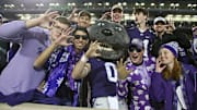 Nov 23, 2024; Manhattan, Kansas, USA; Kansas State Wildcats Willie Wildcat celebrates with fans following a win against the Cincinnati Bearcats at Bill Snyder Family Football Stadium. Mandatory Credit: Scott Sewell-Imagn Images