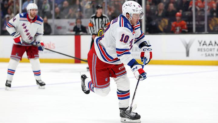 Jan 19, 2026; Anaheim, California, USA;  New York Rangers left wing Artemi Panarin (10) shoots the puck during the third period against the Anaheim Ducks at Honda Center. Mandatory Credit: Kiyoshi Mio-Imagn Images
