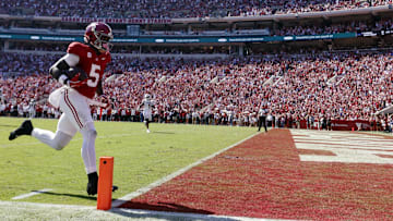 Oct 12, 2024; Tuscaloosa, Alabama, USA;  Alabama Crimson Tide wide receiver Germie Bernard (5) walks into the end zone after a reception during the second half against the South Carolina Gamecocks at Bryant-Denny Stadium. Mandatory Credit: Butch Dill-Imagn Images