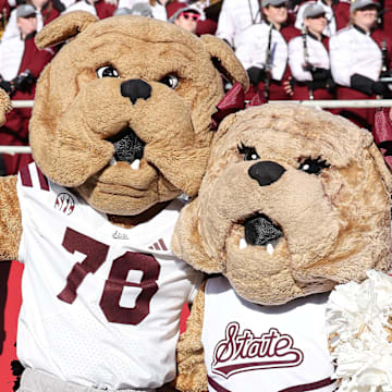 Mississippi State Bulldogs mascots during the second quarter against the Arkansas Razorbacks at Donald W. Reynolds Razorback Stadium.