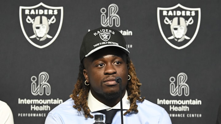 Las Vegas Raiders first round draft pick in the 2025 NFL Draft Ashton Jeanty, speaks to the media at Intermountain Health Performance Center. 