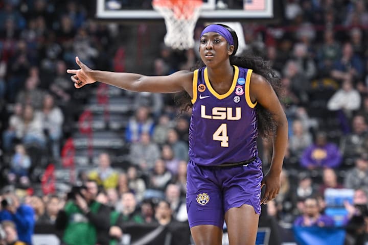  LSU Lady Tigers guard Flau'Jae Johnson reacts after play against the UCLA Bruins during the first half of the Elite 8.