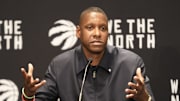 Oct 2, 2023; Toronto, ON, Canada; Toronto Raptors president Masai Ujiri responds to a question during Media Day at the Hilton Toronto. Mandatory Credit: John E. Sokolowski-Imagn Images