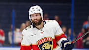 Oct 2, 2025; Tampa, Florida, USA; Florida Panthers left wing Jonah Gadjovich (12) warms up before a game against the Tampa Bay Lightning at Benchmark International Arena. Mandatory Credit: Nathan Ray Seebeck-Imagn Images