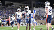 Nov 15, 2025; Durham, North Carolina, USA;  Virginia Cavaliers wide receiver Trell Harris (11) celebrates a touchdown against the Duke Blue Devils in the third quarter at Wallace Wade Stadium. Mandatory Credit: Zachary Taft-Imagn Images