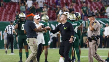 Sep 9, 2023; Tampa, Florida, USA; Florida A&M Rattlers head coach Willie Simmons and South Florida Bulls head coach Alex Golesh shake hands after the game at Raymond James Stadium. Mandatory Credit: Morgan Tencza-USA TODAY Sports