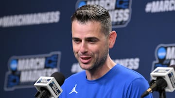 Mar 20, 2025; Raleigh, NC, USA;  Florida Gators basketball head coach Todd Golden during the NCAA pre tournament press conference at Lenovo Center. Mandatory Credit: Zachary Taft-Imagn Images