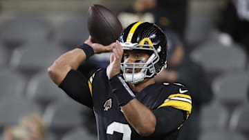 Oct 20, 2024; Pittsburgh, Pennsylvania, USA;  Pittsburgh Steelers quarterback Russell Wilson (3) warms up before the game against the New York Jets at Acrisure Stadium. Mandatory Credit: Charles LeClaire-Imagn Images