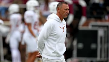 Oct 25, 2025; Starkville, Mississippi, USA; Texas Longhorns head coach Steve Sarkisian looks on during warm-ups prior to the game against the Mississippi State Bulldogs.