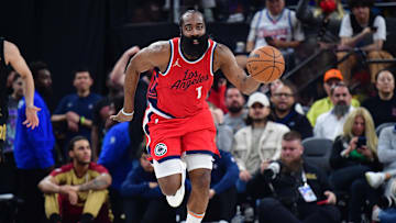 Los Angeles Clippers guard James Harden (1) moves the ball down court against the Cleveland Cavaliers during the second half at Intuit Dome. Mandatory Credit: Gary A. Vasquez-Imagn Images