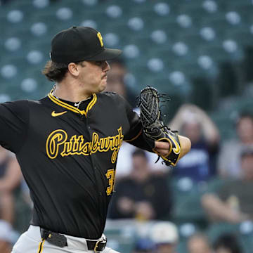 Sep 3, 2024; Chicago, Illinois, USA; Pittsburgh Pirates pitcher Paul Skenes (30) throws the ball against the Chicago Cubs during the first inning at Wrigley Field. Mandatory Credit: David Banks-Imagn Images