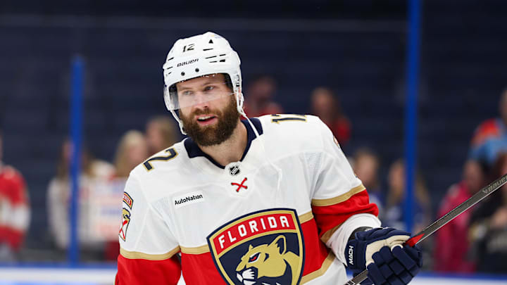 Oct 2, 2025; Tampa, Florida, USA; Florida Panthers left wing Jonah Gadjovich (12) warms up before a game against the Tampa Bay Lightning at Benchmark International Arena. Mandatory Credit: Nathan Ray Seebeck-Imagn Images