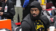 Mar 27, 2025; Chicago, Illinois, USA; Los Angeles Lakers forward LeBron James (23) before a game against the Chicago Bulls at United Center. 