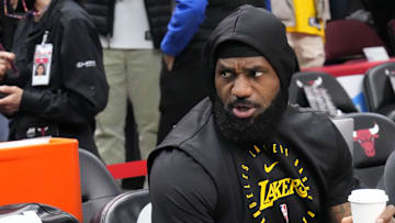 Mar 27, 2025; Chicago, Illinois, USA; Los Angeles Lakers forward LeBron James (23) before a game against the Chicago Bulls at United Center. 