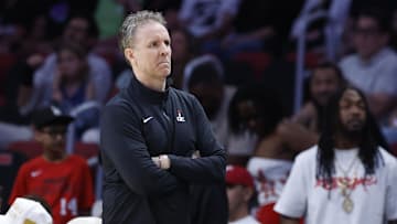 Apr 13, 2025; Miami, Florida, USA;  Washington Wizards head coach Brian Keefe reacts against the Miami Heat during the second half at Kaseya Center. Mandatory Credit: Rhona Wise-Imagn Images