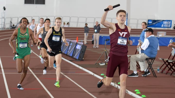 Mar 9, 2018; College Station, TX, USA; Neil Gourley celebrates after running the 1,600m anchor leg on the Virginia Tech distance medley relay that won in 9:30.76  during the NCAA Indoor Track and Field Championships at the McFerrin Athletic Center. Mandatory Credit: Kirby Lee-USA TODAY Sports