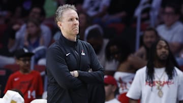 Apr 13, 2025; Miami, Florida, USA;  Washington Wizards head coach Brian Keefe reacts against the Miami Heat during the second half at Kaseya Center. Mandatory Credit: Rhona Wise-Imagn Images