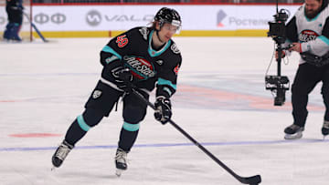 Div. Kharlamova Hockey Club player, Maxim Shabanov (49) seen...