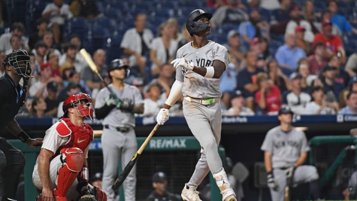 New York Yankees third baseman Jazz Chisholm watches his  home run against the Philadelphia Phillies