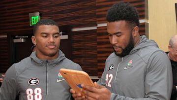 Dec 30, 2017; Los Angeles, CA, USA; Georgia Bulldogs linebacker Jaden Hunter (88) and defensive end Justin Young (92) at media day for the 2018 Rose Bowl at LA Hotel Downtown. Mandatory Credit: Kirby Lee-Imagn Images