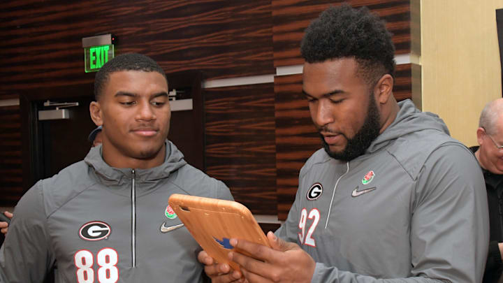 Dec 30, 2017; Los Angeles, CA, USA; Georgia Bulldogs linebacker Jaden Hunter (88) and defensive end Justin Young (92) at media day for the 2018 Rose Bowl at LA Hotel Downtown. Mandatory Credit: Kirby Lee-Imagn Images