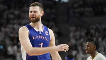 Mar 2, 2024; Waco, Texas, USA; Kansas Jayhawks center Hunter Dickinson (1) reacts to a foul call. Mandatory Credit: Raymond Carlin III-USA TODAY Sports