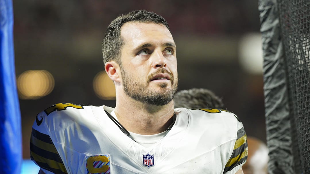 New Orleans Saints quarterback Derek Carr (4) reacts after an injury