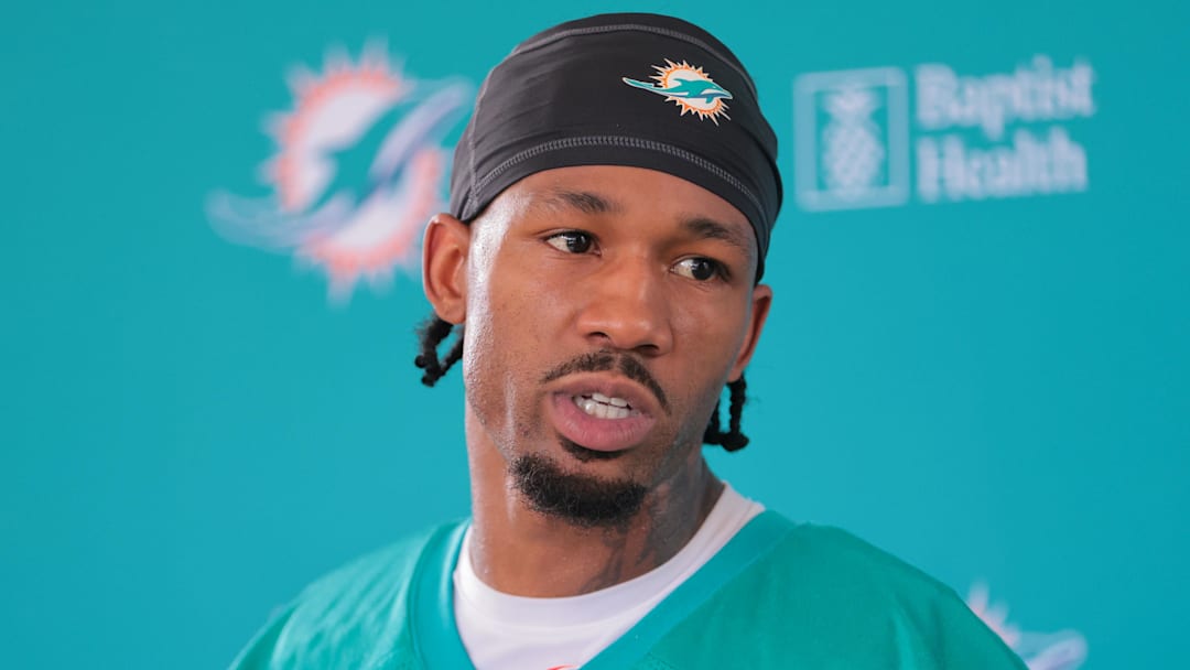 Jul 28, 2025; Miami Gardens, MI, USA; Miami Dolphins cornerback Jack Jones (23) speaks to reporters during training camp at Baptist Health Training Complex. Mandatory Credit: Sam Navarro-Imagn Images