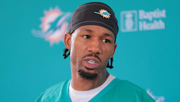 Jul 28, 2025; Miami Gardens, MI, USA; Miami Dolphins cornerback Jack Jones (23) speaks to reporters during training camp at Baptist Health Training Complex. Mandatory Credit: Sam Navarro-Imagn Images