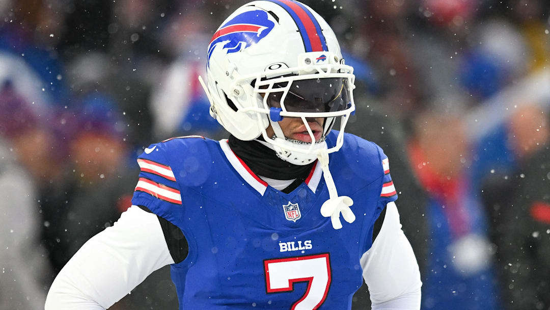 Buffalo Bills cornerback Taron Johnson warms up before a game against the Cincinnati Bengals at Highmark Stadium.