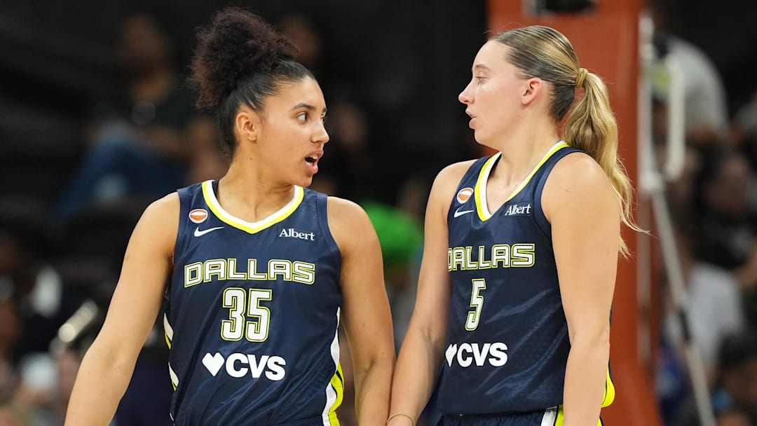 Dallas Wings guards Azzi Fudd (35) and Paige Bueckers (5)