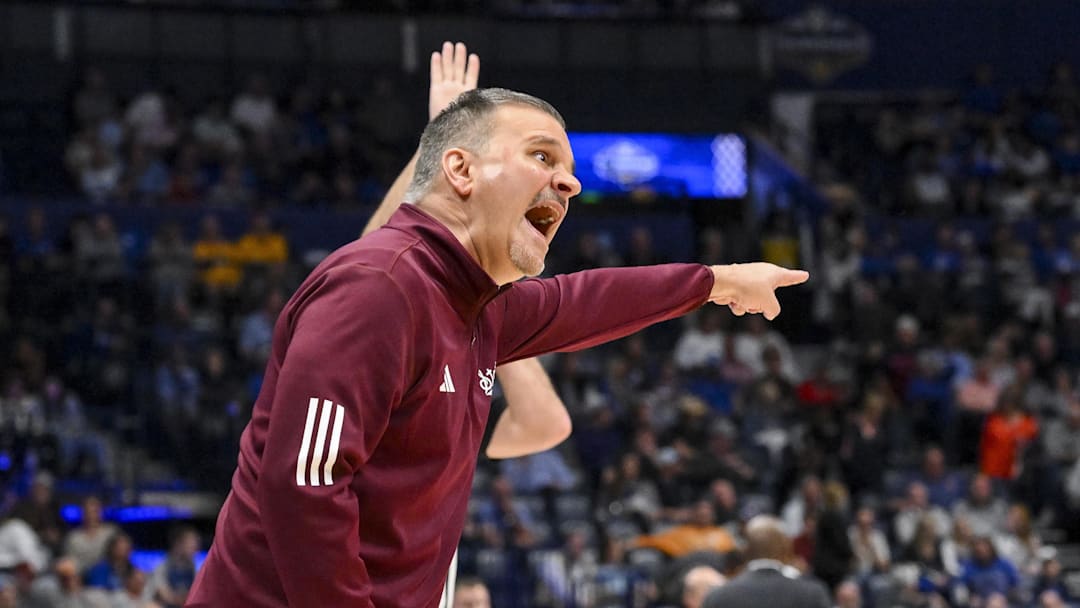 Mar 13, 2025; Nashville, TN, USA;  Mississippi State Bulldogs head coach Chris Jans yells to his team against the Missouri Tigers during the second half at Bridgestone Arena. Mandatory Credit: Steve Roberts-Imagn Images