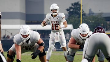 Oct 25, 2025; Starkville, Mississippi, USA; Texas Longhorns quarterback Arch Manning (16) waits for the snap during the fourth quarter against the Mississippi State Bulldogs at Davis Wade Stadium at Scott Field. Mandatory Credit: Petre Thomas-Imagn Images