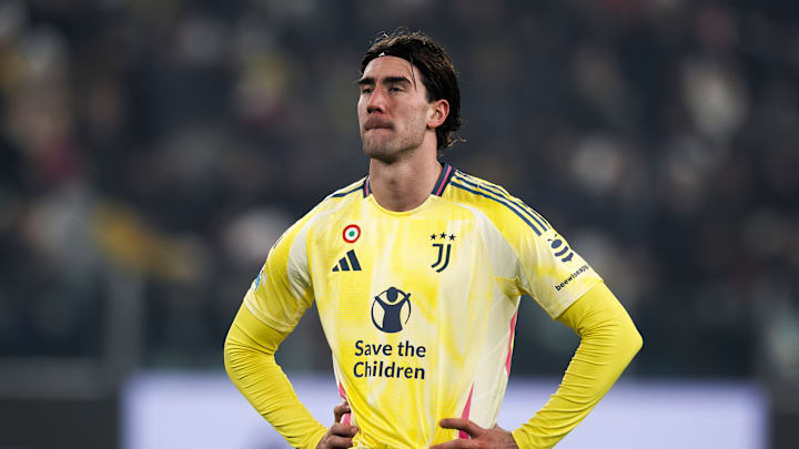 Dusan Vlahovic of Juventus FC looks dejected during the...
