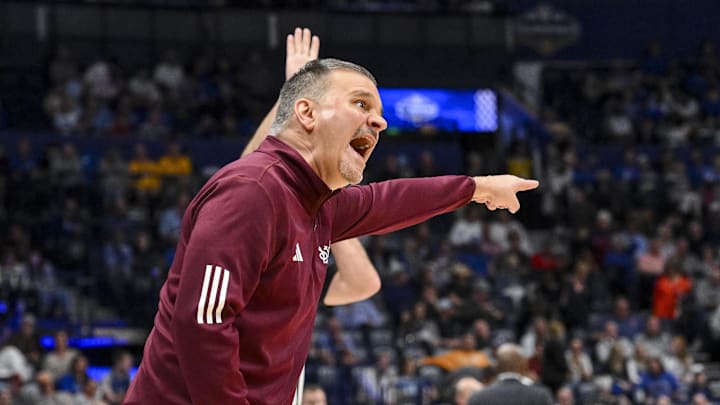 Mar 13, 2025; Nashville, TN, USA;  Mississippi State Bulldogs head coach Chris Jans yells to his team against the Missouri Tigers during the second half at Bridgestone Arena. Mandatory Credit: Steve Roberts-Imagn Images