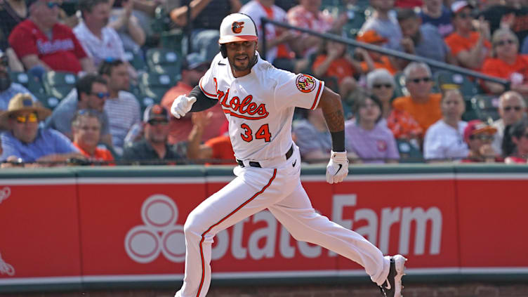 May 31, 2023; Baltimore, Maryland, USA; Baltimore Orioles outfielder Aaron Hicks (34) rounds third in a game against the Cleveland Guardians