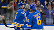 Oct 19, 2024; St. Louis, Missouri, USA;  St. Louis Blues center Dylan Holloway (81) celebrates with defenseman Philip Broberg (6) after scoring against the Carolina Hurricanes during the second period at Enterprise Center. Mandatory Credit: Jeff Curry-Imagn Images