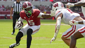 Sep 13, 2025; Tuscaloosa, Alabama, USA;  Alabama wide receiver Germie Bernard (5) tries to make a move on Alabama linebacker Justin Jefferson (10) at Saban Field at Bryant-Denny Stadium. Mandatory Credit: Gary Cosby-USA TODAY Network via Imagn Images