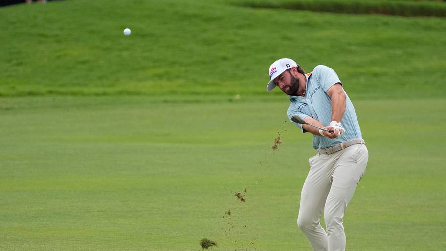Cameron Young plays his pitch shot on the first hole during the final round of the 2026 Cadillac Championship.