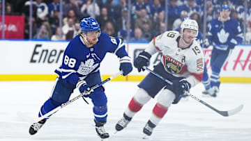 May 7, 2025; Toronto, Ontario, CAN; Toronto Maple Leafs right wing William Nylander (88) skates with Florida Panthers left wing Matthew Tkachuk (19) during the third period in game two of the second round of the 2025 Stanley Cup Playoffs at Scotiabank Arena. Mandatory Credit: Nick Turchiaro-Imagn Images