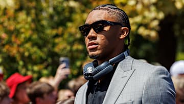 Arkansas Razorback senior quarterback Taylen Green enters Donald Reynolds Razorback Stadium ahead of the 2025 season opener against Alabama A&M