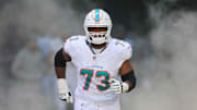 Miami Dolphins guard Austin Jackson (73) enters the field to take on the New York Jets at Hard Rock Stadium. 