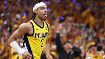 Indiana Pacers guard Andrew Nembhard (2) during the 2025 NBA Finals against the Oklahoma City Thunder.