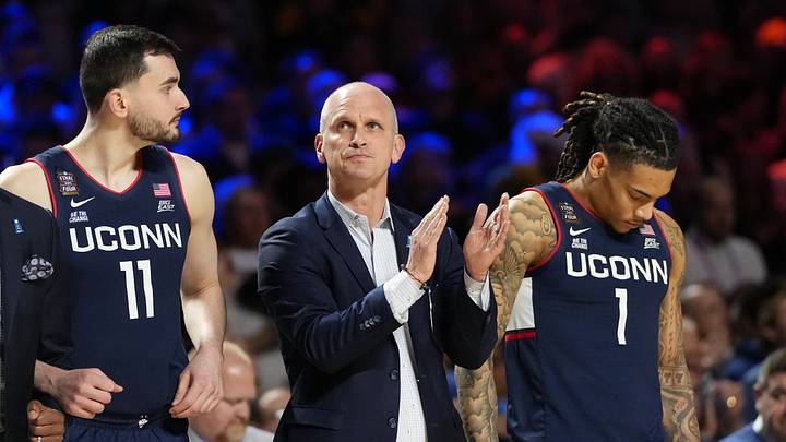 Apr 6, 2026; Indianapolis, IN, USA; Connecticut Huskies head coach Dan Hurley reacts before playing against the Michigan Wolverines during the national championship of the Final Four of the men's 2026 NCAA Tournament at Lucas Oil Stadium. Mandatory Credit: Robert Deutsch-Imagn Images