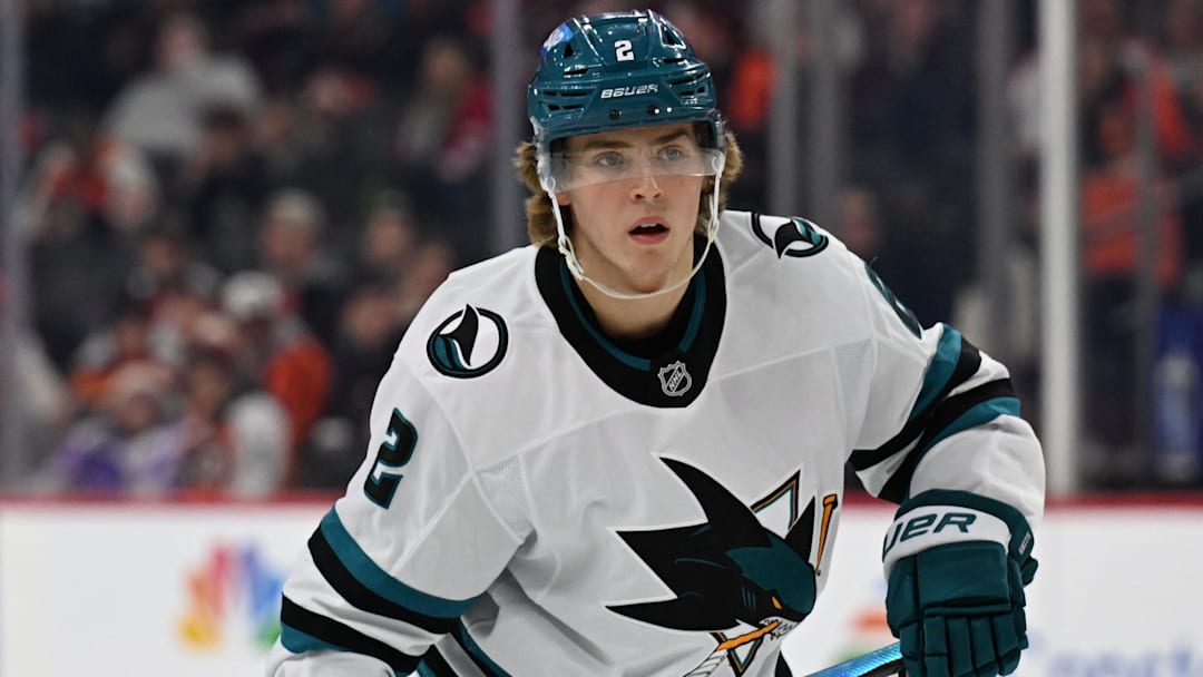 Dec 9, 2025; Philadelphia, Pennsylvania, USA; San Jose Sharks center Will Smith (2) against the Philadelphia Flyers at Xfinity Mobile Arena. Mandatory Credit: Eric Hartline-Imagn Images