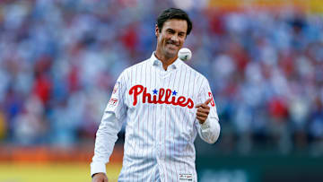 Cole Hamels celebrates his Phillies retirement in 2024.