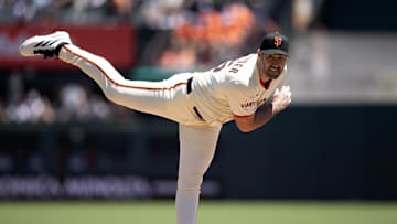 Jul 9, 2025; San Francisco, California, USA; San Francisco Giants starting pitcher Justin Verlander (35) delivers a pitch against the Philadelphia Phillies during the first inning at Oracle Park. Mandatory Credit: D. Ross Cameron-Imagn Images