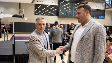 Jun 10, 2025; Scottsdale, AZ, USA; Phoenix Suns general manager Brian Gregory (left) with ceo Josh Bartelstein during an introductory press conference at the Verizon 5g Performance Center. Mandatory Credit: Mark J. Rebilas-Imagn Images