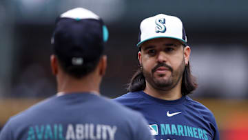 Oct 16, 2025; Seattle, Washington, USA; Seattle Mariners third baseman Eugenio Suarez (28) looks on during batting practice prior to game four of the ALCS round against the Toronto Blue Jays for the 2025 MLB playoffs at T-Mobile Park. Mandatory Credit: Kevin Ng-Imagn Images
