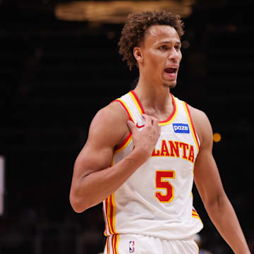 Nov 4, 2025; Atlanta, Georgia, USA; Atlanta Hawks guard Dyson Daniels (5) reacts to a call against the Orlando Magic in the third quarter at State Farm Arena. Mandatory Credit: Brett Davis-Imagn Images
